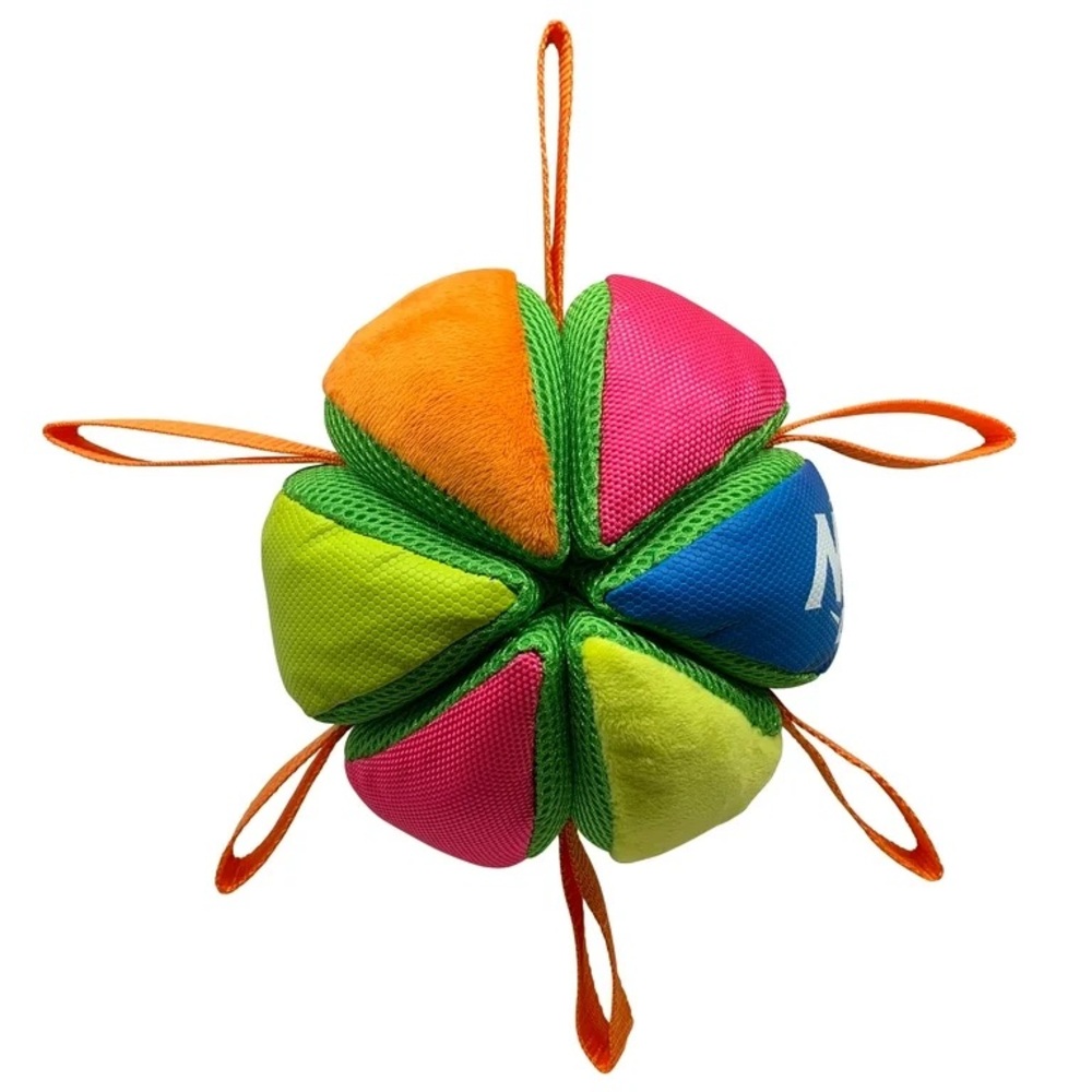 Nerf Dog Crinkle, Squeak, Crunch, & Tug Wedgeball Fetch Dog Toy with Straps NWT